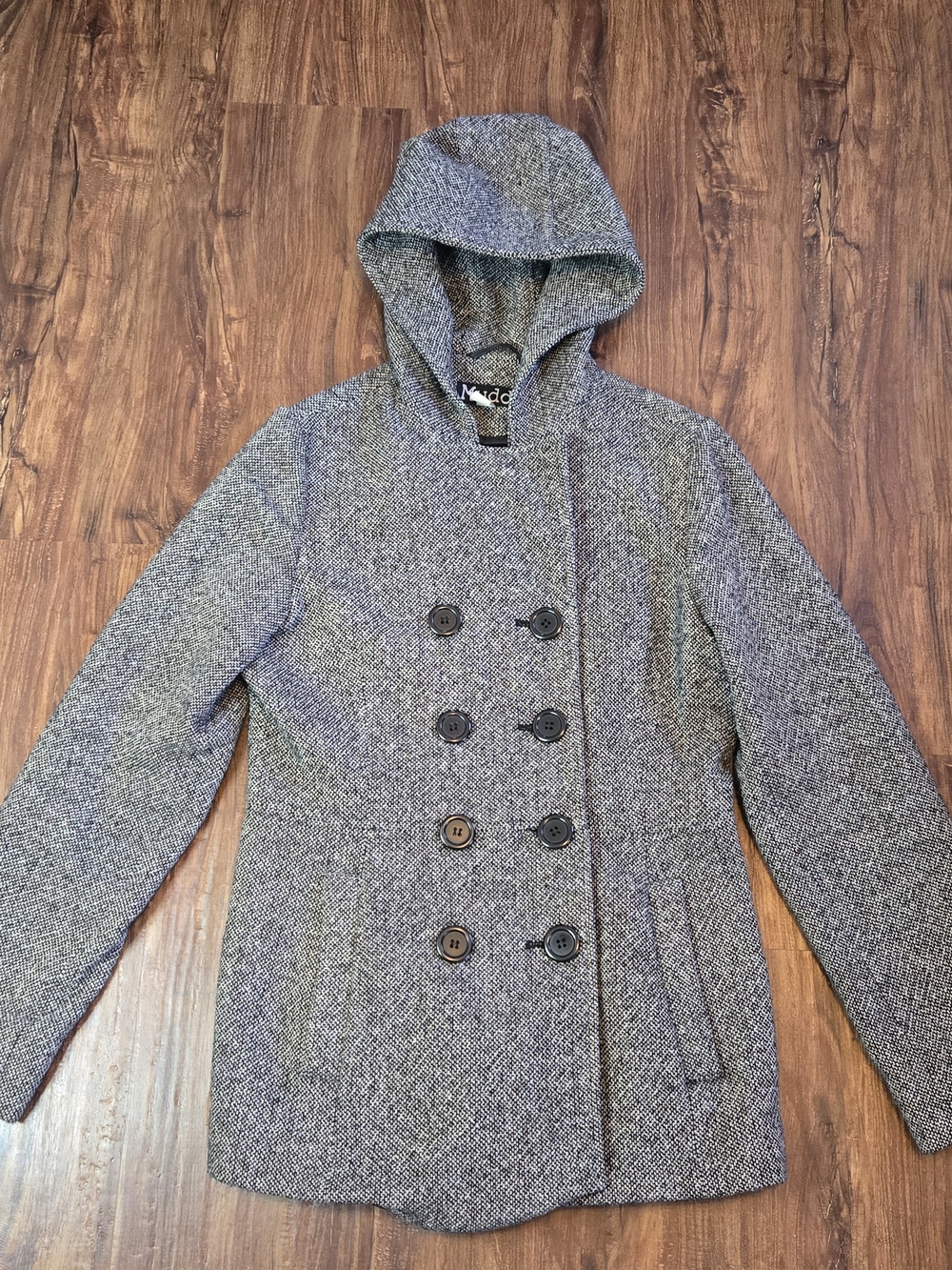 Mudd Double Breasted Peacoat Black And White Wool Blend Hooded Jacket